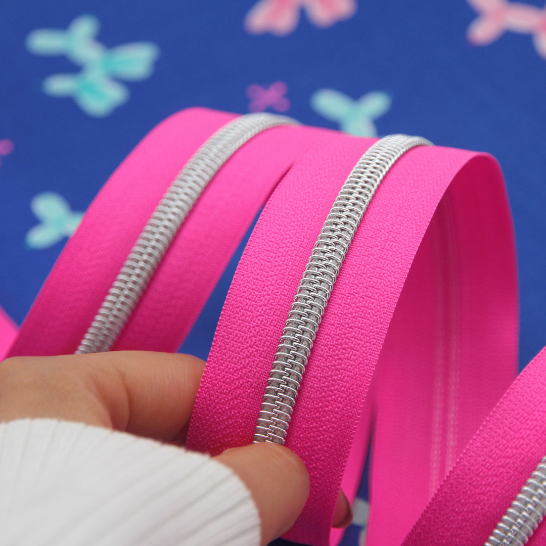 Neon Pink Nostalgia - #5 Silver Nylon Coil Zipper Tape